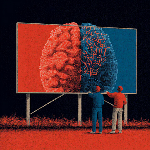 Two people standing before a large billboard displaying a human brain split into organic and networked halves, representing human and AI thinking.
