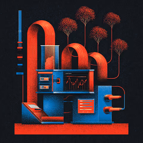Stylized machine with pipes and gauges transforming data inputs into growth outputs, illustrated with red and blue industrial forms and trees.