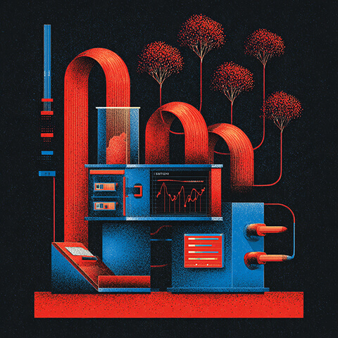 Stylized machine with pipes and gauges transforming data inputs into growth outputs, illustrated with red and blue industrial forms and trees.