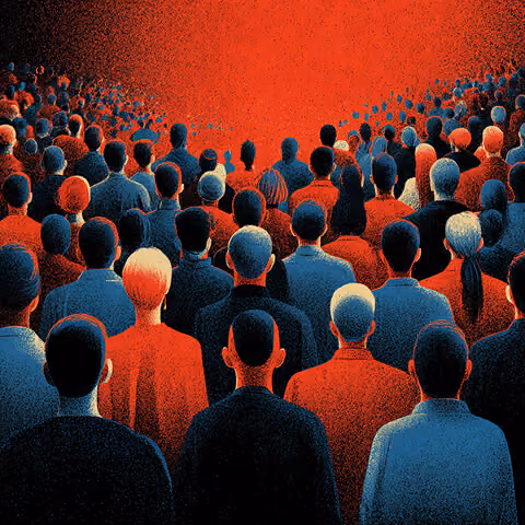 Large crowd of simplified human figures facing forward in a red and blue gradient space, symbolizing audience scale and collective behavior.