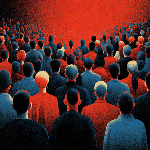 Large crowd of simplified human figures facing forward in a red and blue gradient space, symbolizing audience scale and collective behavior.