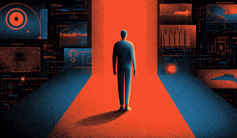 Single figure walking toward a bright red doorway surrounded by floating data panels and interface elements in a dark digital space.