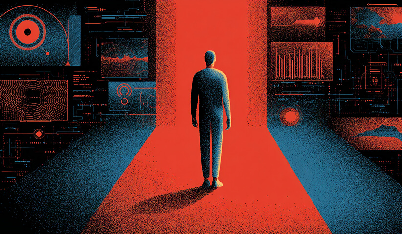 Single figure walking toward a bright red doorway surrounded by floating data panels and interface elements in a dark digital space.