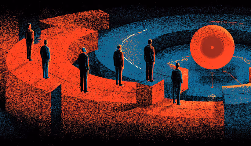 Group of individuals positioned along curved platforms facing a central red target, illustrating strategic alignment and decision-making.