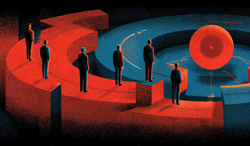 Group of individuals positioned along curved platforms facing a central red target, illustrating strategic alignment and decision-making.