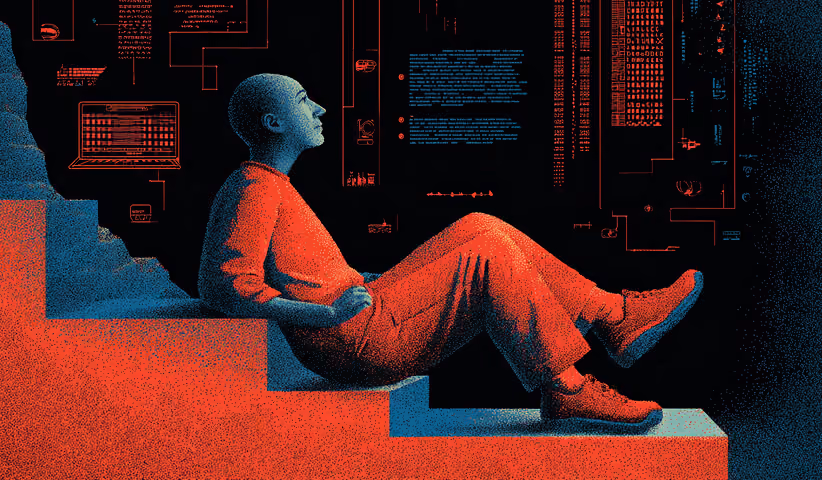 Person seated on steps looking upward at floating interface diagrams and code-like visuals in a red and blue abstract setting.
