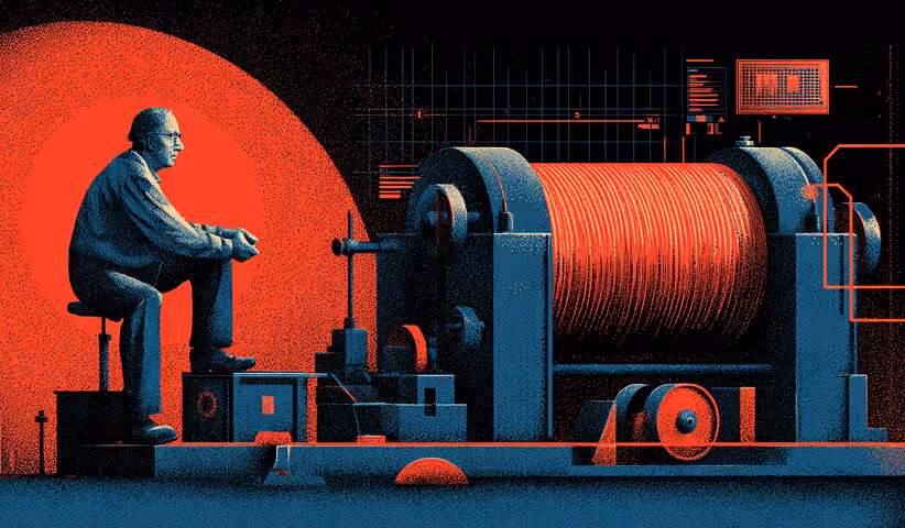 Figure observing a large mechanical data cylinder with charts and technical overlays, symbolizing data processing and performance optimization.