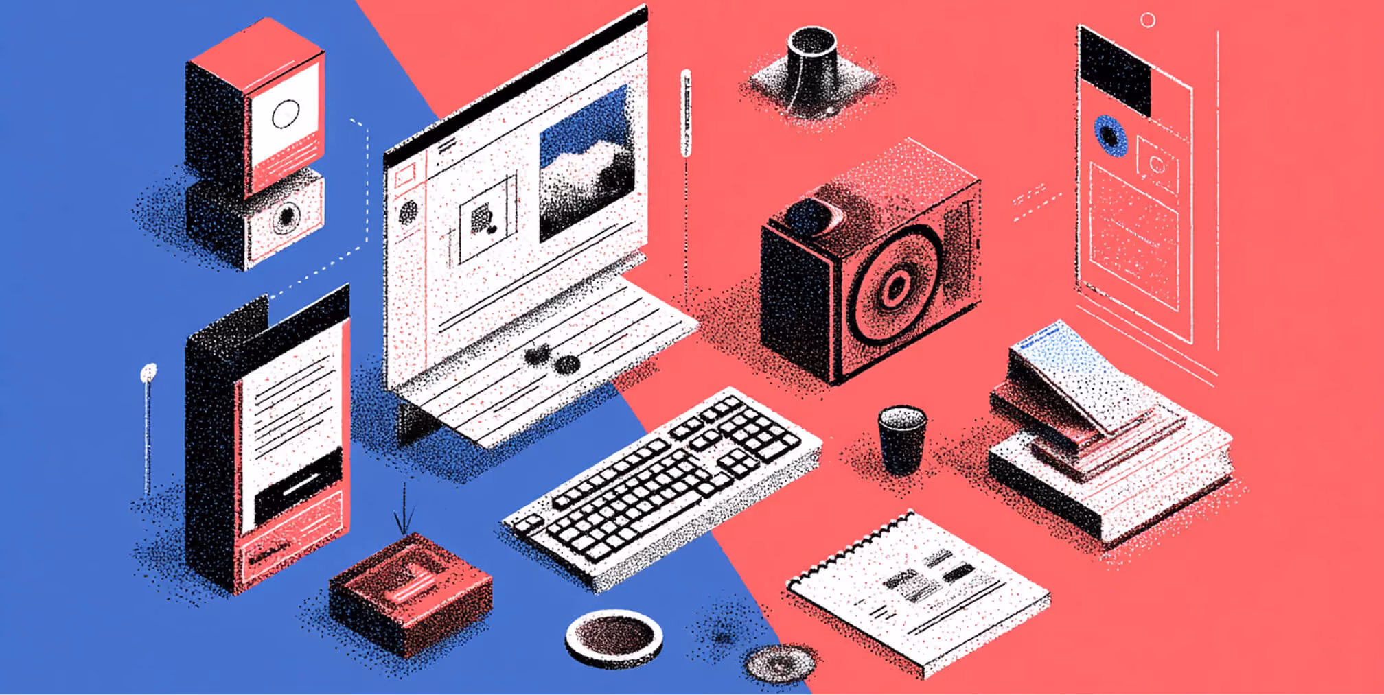 Isometric illustration of a modern digital workspace with a desktop computer, design tools, and interface components arranged to represent professional Webflow website design.