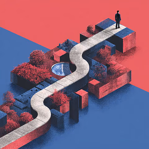 Stylized scene of a person standing at the end of a winding path through geometric blocks and greenery, representing a guided journey in website strategy and user experience.