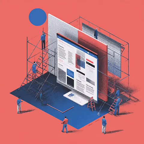 Illustration of a large website layout being assembled by multiple people on scaffolding, symbolizing collaborative Webflow web design and site development.