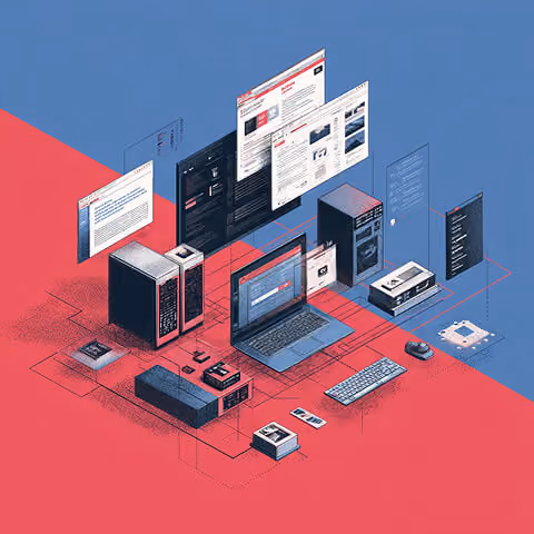 Exploded view of a website system with floating screens, servers, and devices, illustrating modular Webflow architecture and scalable web development.