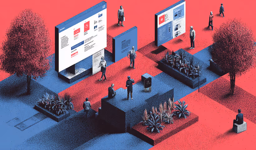 People interacting with large digital screens in an open space, symbolizing user engagement, content structure, and Webflow CMS-driven websites.