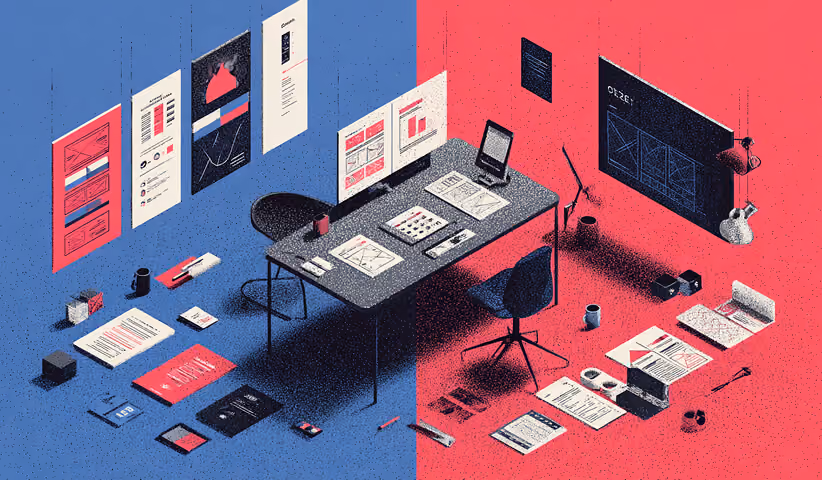 Split workspace illustration showing design tools, wireframes, and UI elements scattered around a desk, representing the Webflow design and prototyping process.