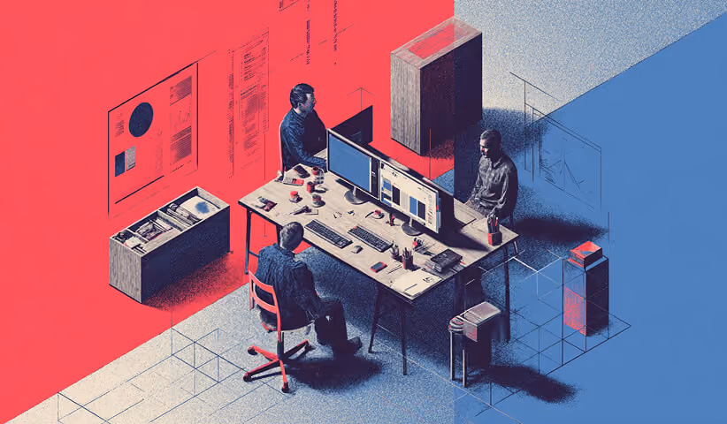 Three professionals collaborating around a desk with large monitors, illustrating a Webflow agency team working on web design and development.