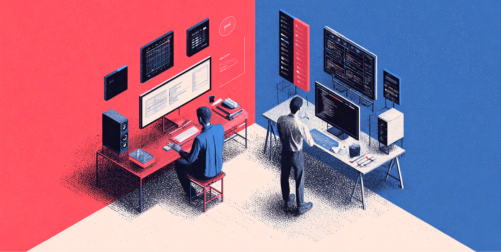Two developers working at separate desks with code-heavy screens, highlighting front-end development and Webflow-powered site builds.