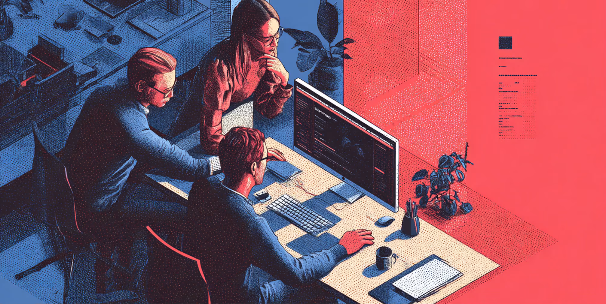 Team of designers and developers reviewing code and layouts on a shared screen, symbolizing collaborative Webflow optimization and website performance refinement.