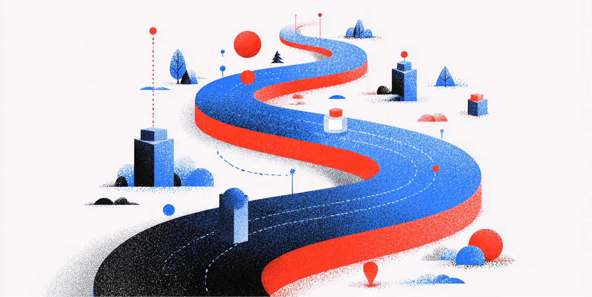 Abstract illustration of a designer working at a desk surrounded by data visuals, UI elements, and flowing red and blue shapes representing strategic graphic web design.