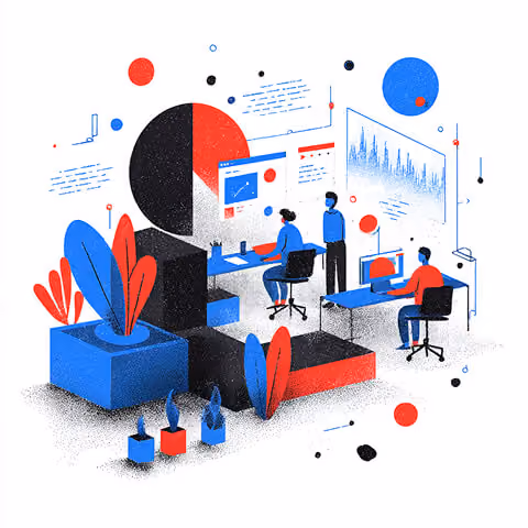 Illustration of a collaborative digital workspace where multiple designers analyze data dashboards and visual interfaces together.