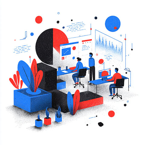 Illustration of a collaborative digital workspace where multiple designers analyze data dashboards and visual interfaces together.