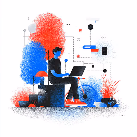 Conceptual illustration of a person sitting with a laptop, surrounded by abstract shapes and UI elements symbolizing focused creative problem-solving.