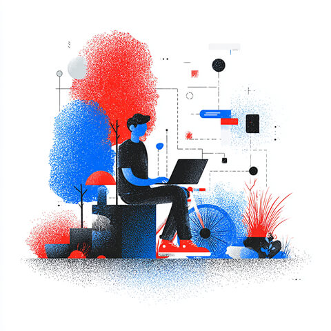 Conceptual illustration of a person sitting with a laptop, surrounded by abstract shapes and UI elements symbolizing focused creative problem-solving.
