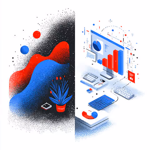 Stylized illustration of a modular digital workspace with web design components, interface elements, and creative tools arranged in a structured layout.