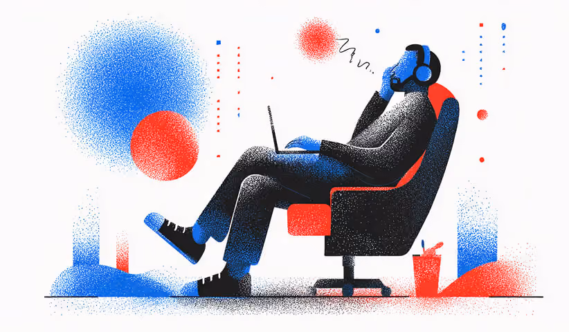 Abstract illustration of a professional wearing headphones working from a chair with a laptop, representing deep focus and immersive design thinking.