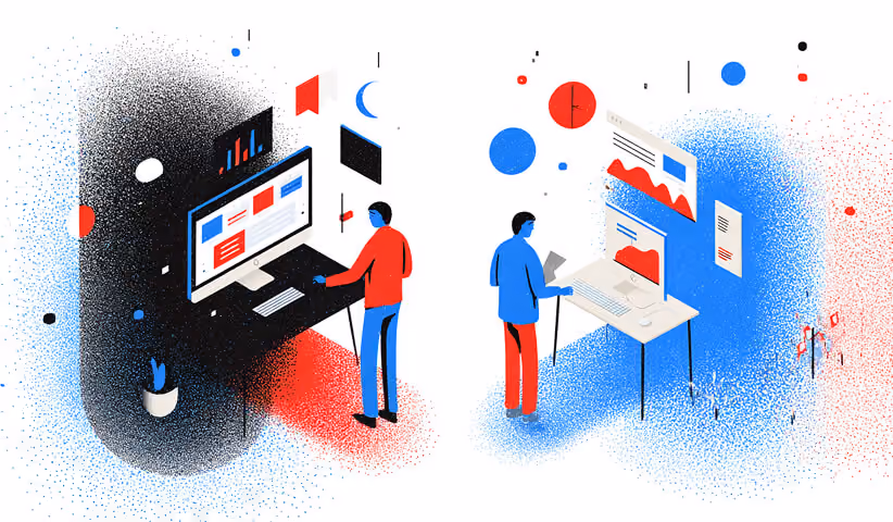 Illustration showing two professionals working at separate digital stations, comparing data dashboards and performance metrics in a split environment.