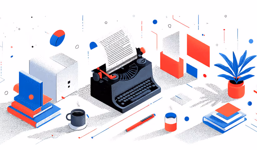 Flat illustration of a creative desk setup featuring a vintage typewriter, books, stationery, and design materials symbolizing the foundation of visual storytelling.