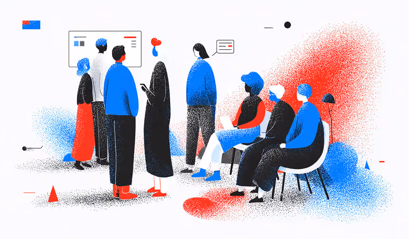 Illustration of a group discussion with team members standing and seated around a digital display, representing strategic planning and collaboration.