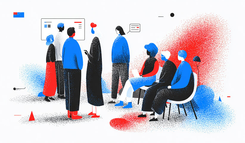 Illustration of a group discussion with team members standing and seated around a digital display, representing strategic planning and collaboration.