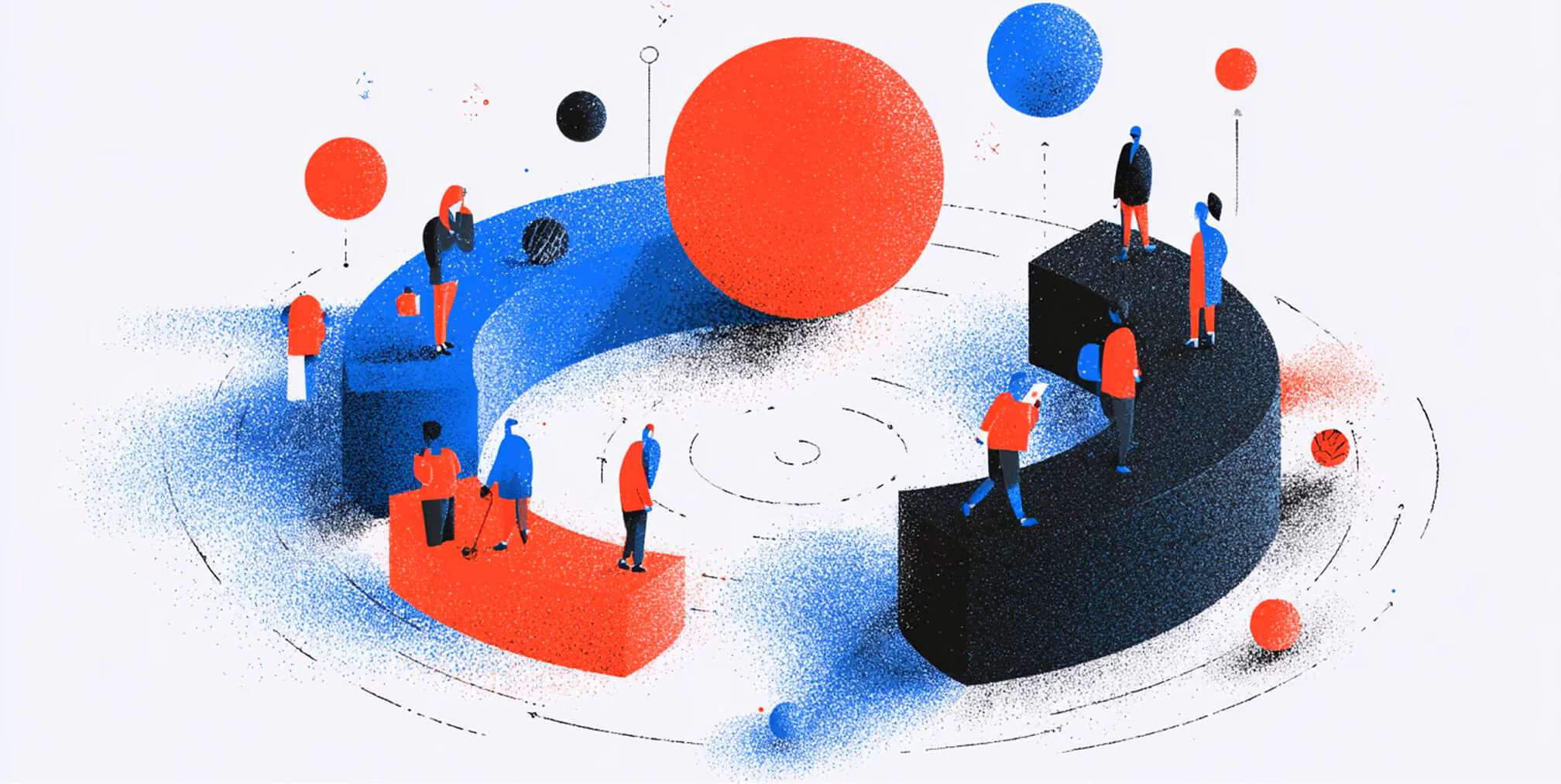 Conceptual illustration of professionals positioned on abstract geometric platforms, symbolizing alignment between strategy, design, and user experience.