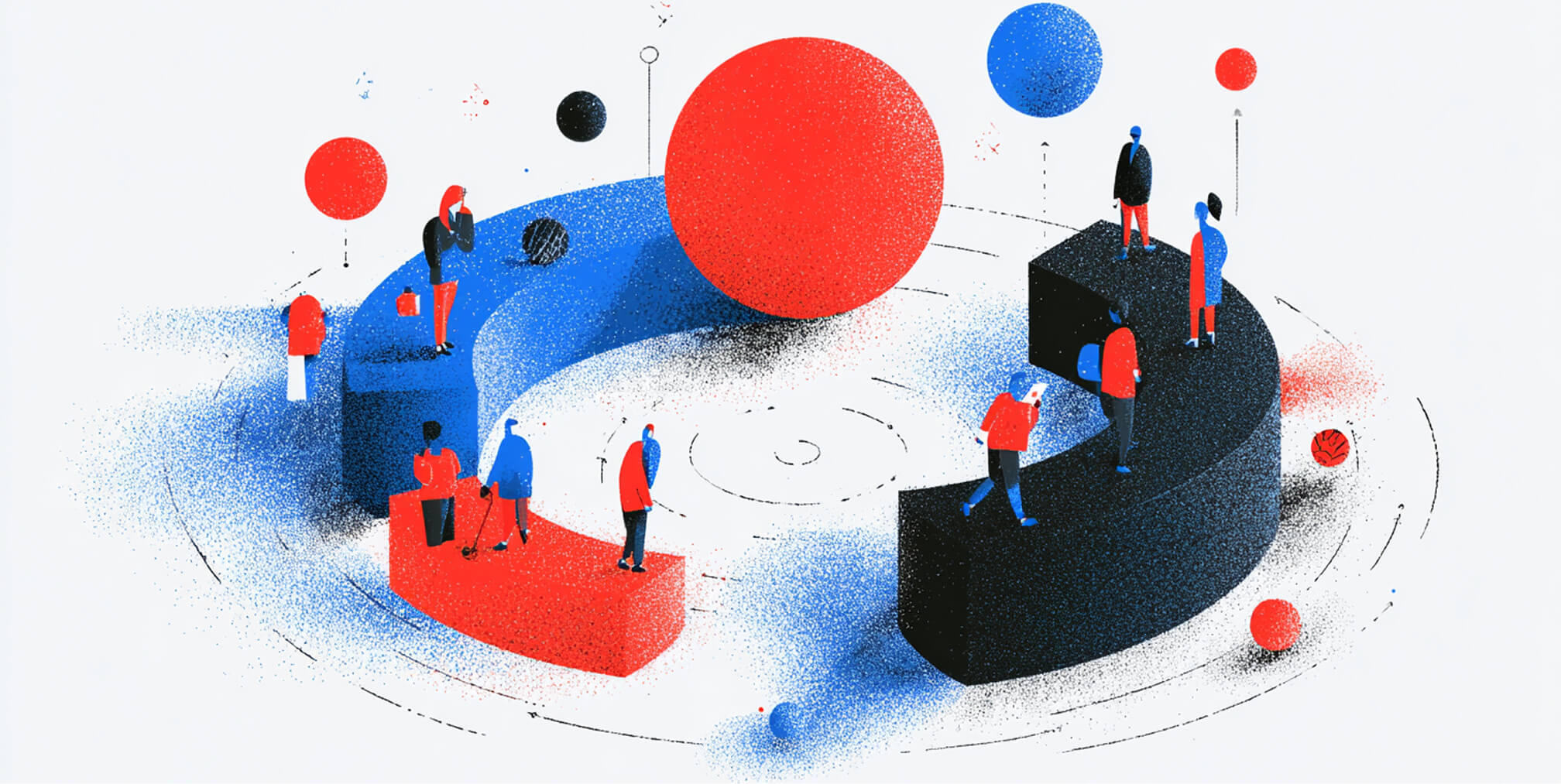 Conceptual illustration of professionals positioned on abstract geometric platforms, symbolizing alignment between strategy, design, and user experience.