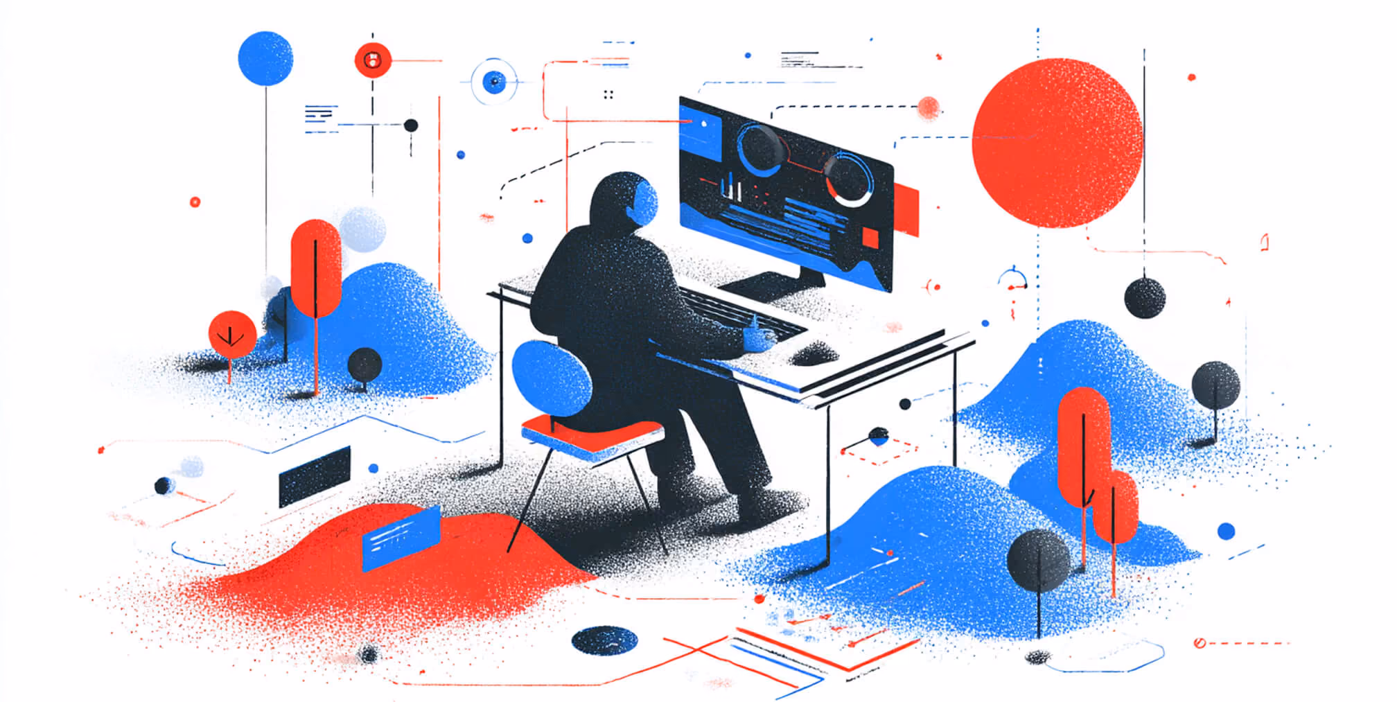 Abstract illustration of a designer seated at a workstation surrounded by data visualizations and interface elements, representing performance-driven web design.