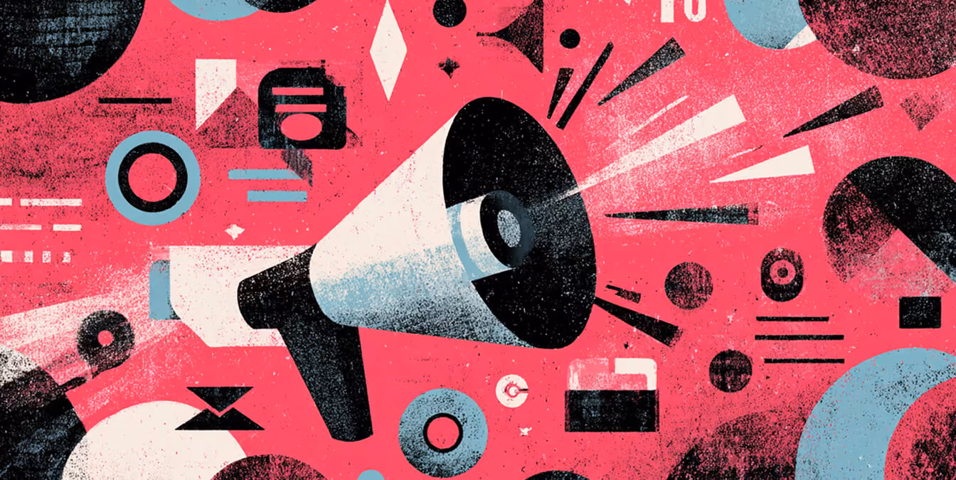 Abstract megaphone illustration representing brand messaging, marketing amplification, and audience reach using bold pink, blue, and black geometric shapes.