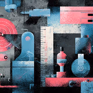 Abstract data and analytics illustration featuring charts, dials, and measurement tools to represent performance tracking and marketing insights.