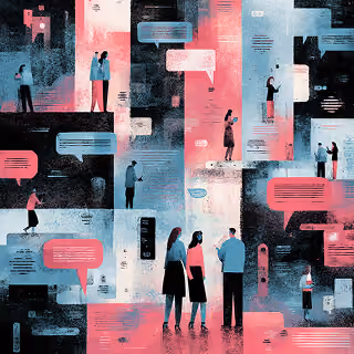 Stylized illustration of people exchanging speech bubbles symbolizing communication, customer engagement, and digital conversations across platforms.