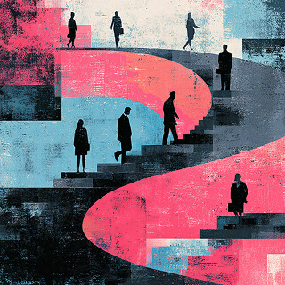 People walking along a winding path symbolizing business growth, strategic journeys, and long-term brand development.