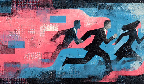 Illustration of business professionals running forward symbolizing momentum, competition, and accelerated business growth.