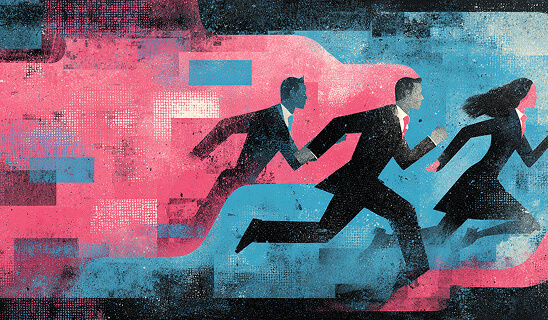 Illustration of business professionals running forward symbolizing momentum, competition, and accelerated business growth.