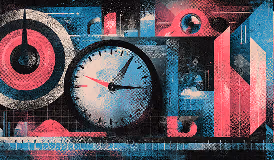 Abstract clock and data visualization graphic representing time efficiency, performance measurement, and results-driven marketing strategies.