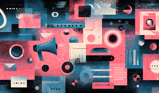Geometric marketing collage featuring icons, charts, and communication symbols representing integrated digital marketing ecosystems.