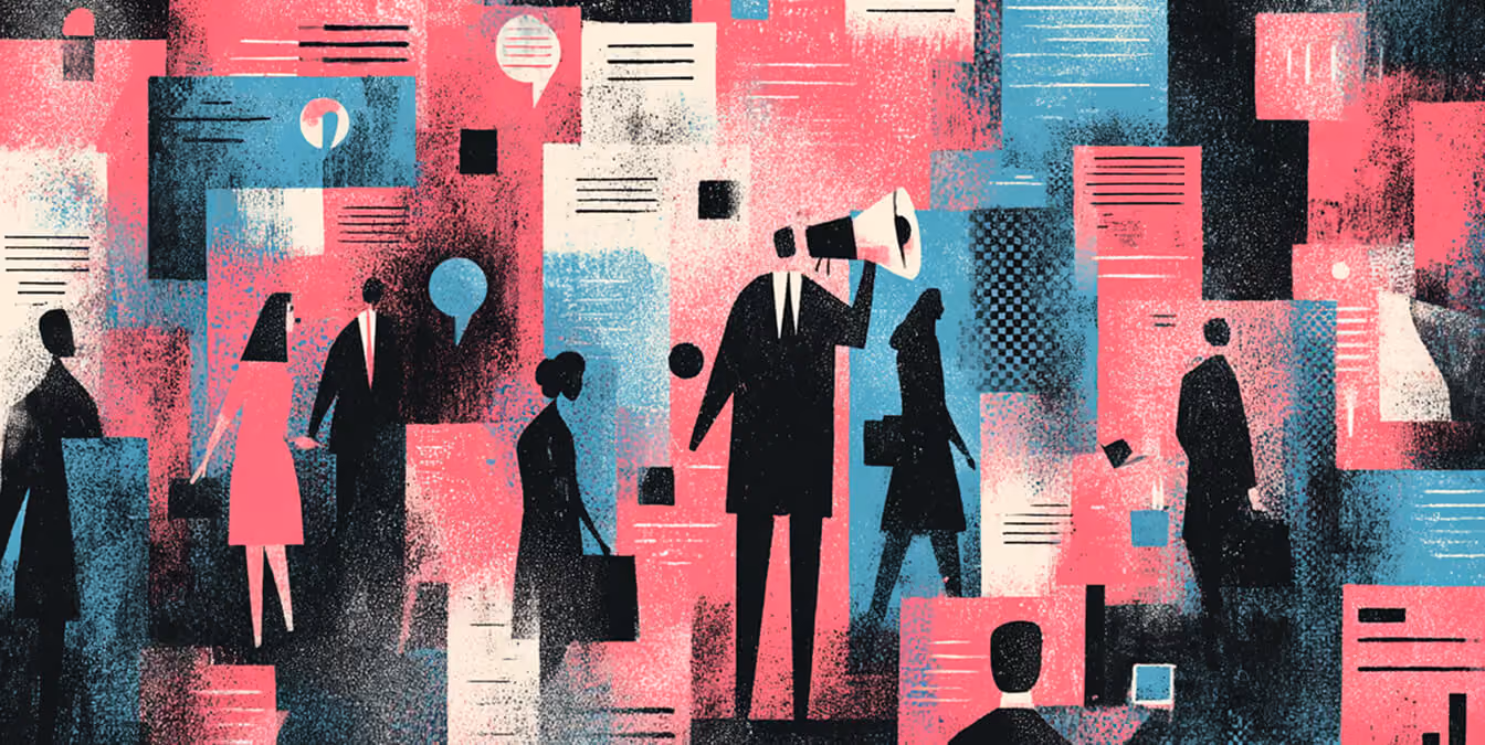Illustration of a business leader using a megaphone surrounded by content blocks, symbolizing brand storytelling, leadership, and message clarity.