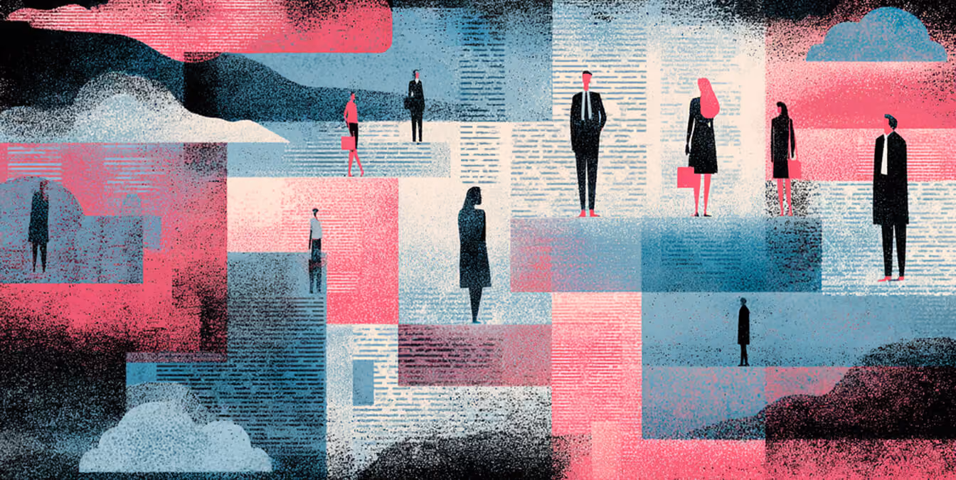 Abstract scene of professionals positioned across layered platforms representing market positioning, audience segmentation, and strategic brand presence.