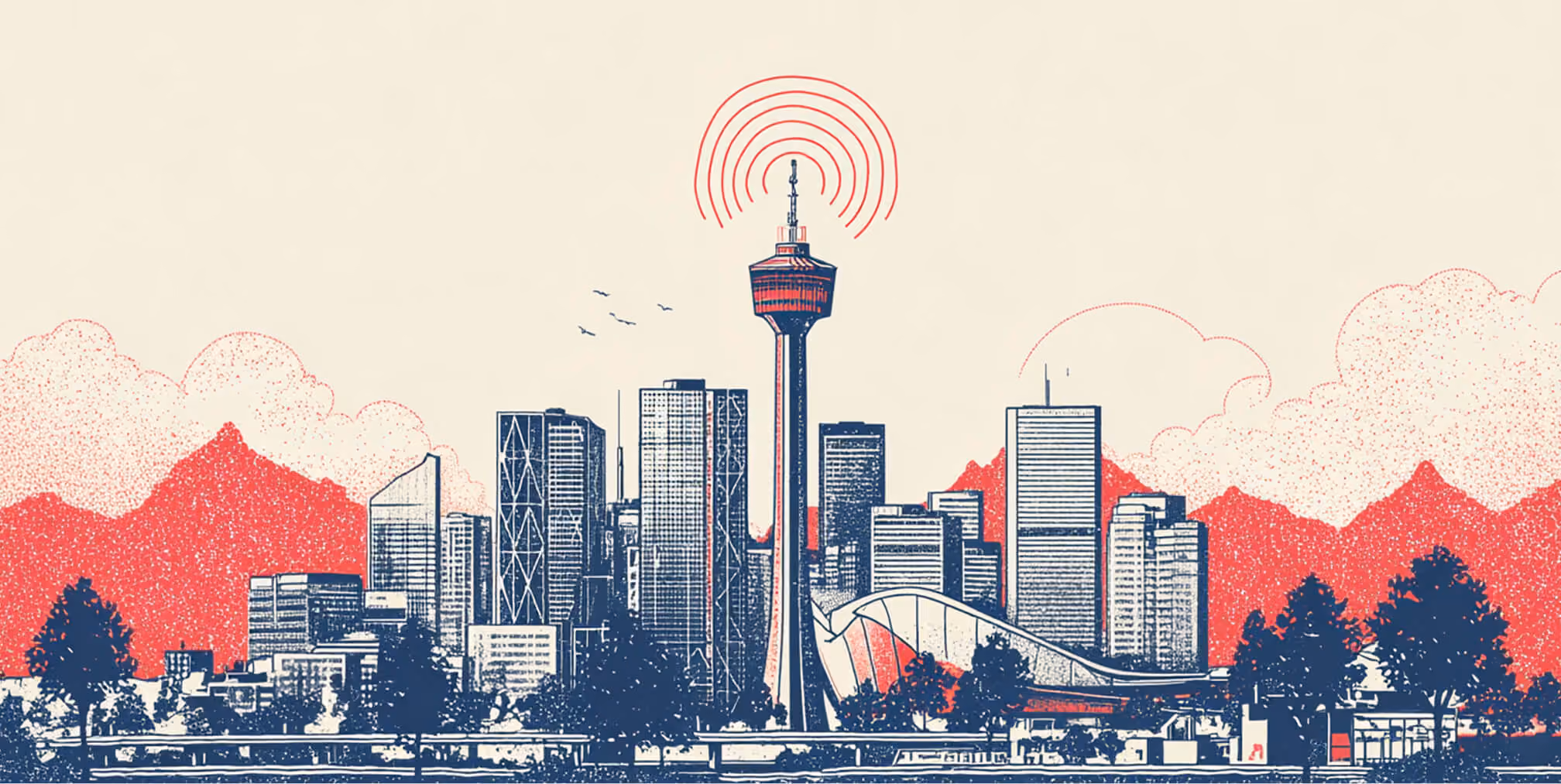 Illustrated Calgary skyline featuring the Calgary Tower emitting signal waves, symbolizing brand reach, visibility, and local market influence.