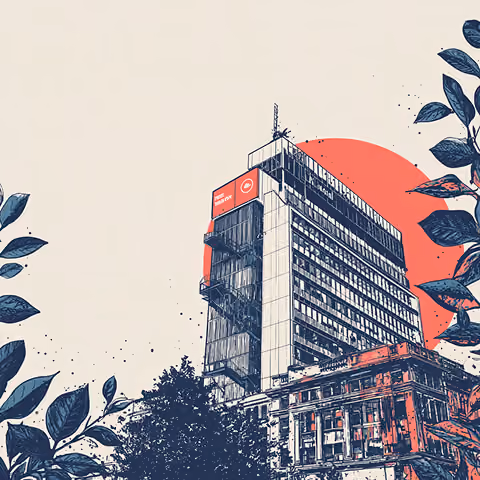 Illustrated Calgary office building with abstract foliage and a rising sun, representing stability, growth, and forward-thinking brands.