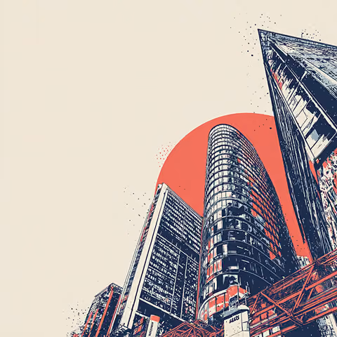 Stylized low-angle illustration of modern Calgary office towers, representing growth, ambition, and urban business development.