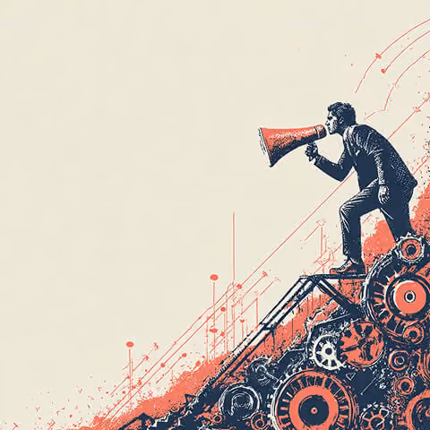 Illustration of a business figure standing atop industrial gears using a megaphone, symbolizing leadership, marketing amplification, and strategic momentum.