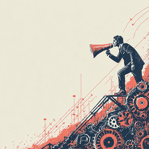 Illustration of a business figure standing atop industrial gears using a megaphone, symbolizing leadership, marketing amplification, and strategic momentum.