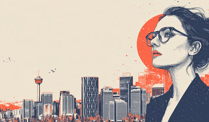 Stylized portrait of a professional woman gazing over the Calgary skyline, symbolizing vision, leadership, and strategic perspective.